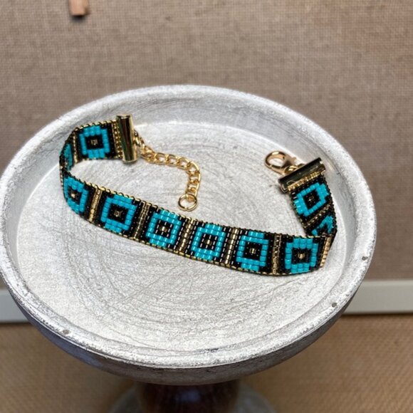 Hand Crafted Jewelry - Turquoise and Black  Art Deco Beaded Bracelet Handcrafted